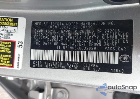 2019 Toyota Camry Xse V6 from USA, damaged, VIN 4T1BZ1HK5KU032699